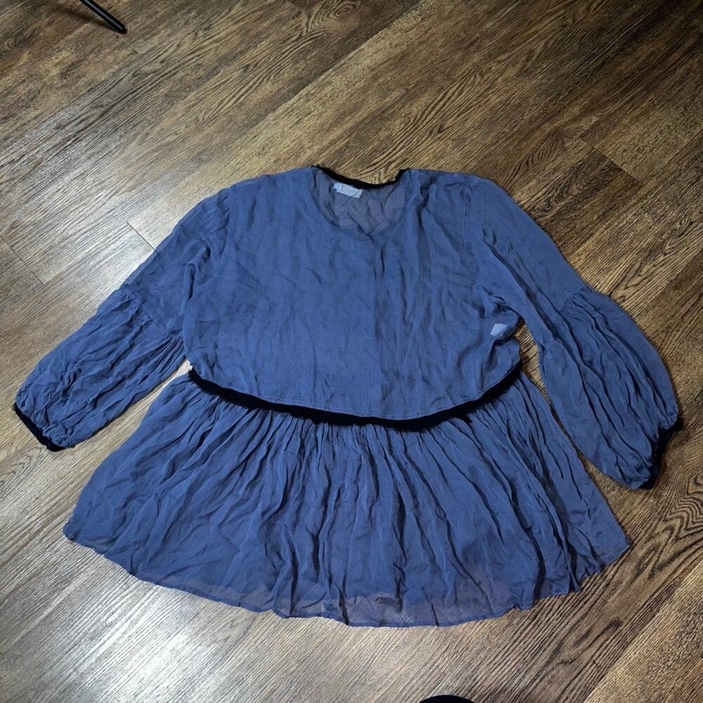 BODIL Lagenlook Blue Sheer LS Silk Blouse L black trim Art To Wear Layered USA - Picture 5 of 7
